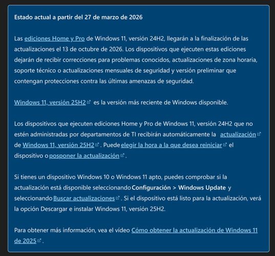 Texto de soporte técnico sobre el ciclo de vida y fin de soporte de Windows 11 24H2.