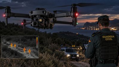 Agente de la Guardia Civil manejando un dron con cámara térmica durante una operación nocturna en el campo.