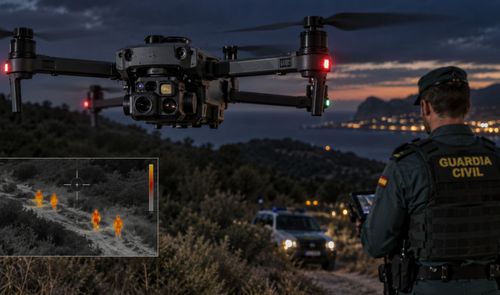 Agente de la Guardia Civil manejando un dron con cámara térmica durante una operación nocturna en el campo.