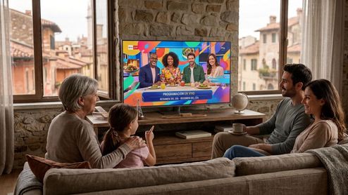 Familia viendo la televisión con interfaz DVB-I en un salón rústico.