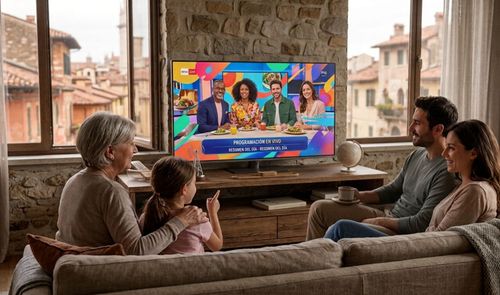 Familia viendo la televisión con interfaz DVB-I en un salón rústico.
