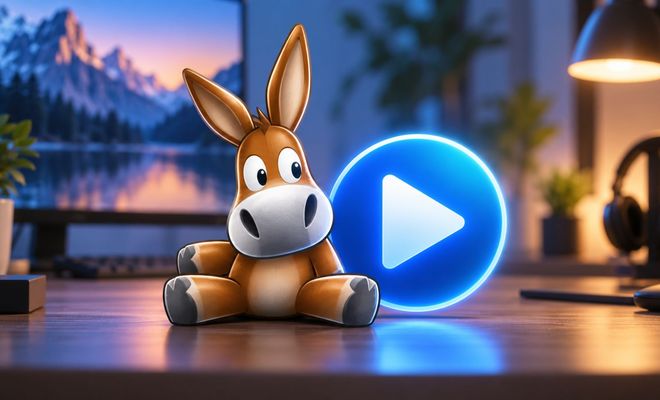 Ilustración del burro de eMule sentado junto a un botón de reproducción azul brillante sobre un escritorio.