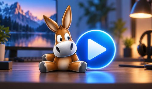 Ilustración del burro de eMule sentado junto a un botón de reproducción azul brillante sobre un escritorio.
