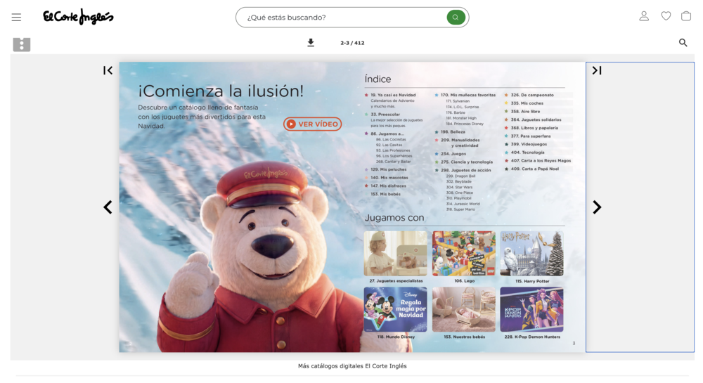 Interfaz del catálogo digital de juguetes de El Corte Inglés con un índice de categorías y un oso de peluche uniformado.