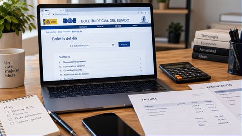Ordenador portátil mostrando la web del Boletín Oficial del Estado junto a facturas impresas y una calculadora en un escritorio.