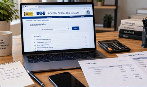 Ordenador portátil mostrando la web del Boletín Oficial del Estado junto a facturas impresas y una calculadora en un escritorio.