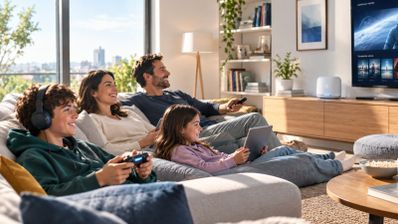 Familia en el salón utilizando varios dispositivos electrónicos conectados a internet simultáneamente.