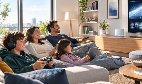 Familia en el salón utilizando varios dispositivos electrónicos conectados a internet simultáneamente.