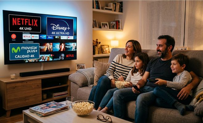 Familia sentada en el sofá frente a un televisor que muestra los menús de aplicaciones de streaming como Netflix, Disney+ y Movistar Plus+.