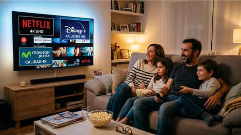 Familia sentada en el sofá frente a un televisor que muestra los menús de aplicaciones de streaming como Netflix, Disney+ y Movistar Plus+.