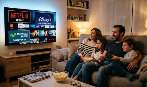 Familia sentada en el sofá frente a un televisor que muestra los menús de aplicaciones de streaming como Netflix, Disney+ y Movistar Plus+.