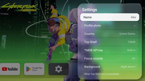Menú de ajustes de perfil en la interfaz de un Fire TV con el fondo de la serie Cyberpunk Edgerunners.