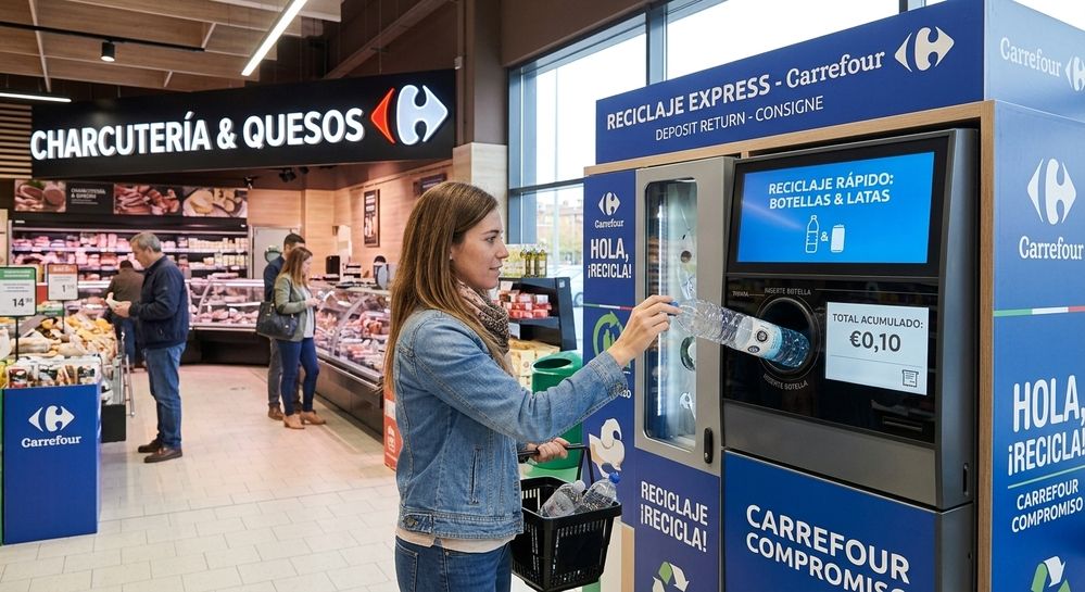 Mujer introduciendo una botella de plástico en una máquina de reciclaje express de Carrefour.