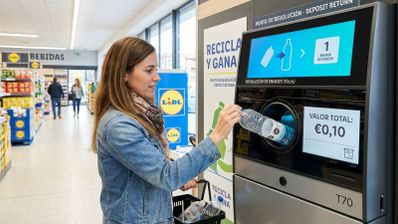 Mujer introduciendo una botella de plástico en una máquina de reciclaje con sistema de recompensa en un supermercado Lidl.