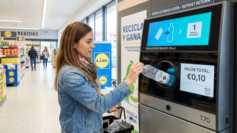 Mujer introduciendo una botella de plástico en una máquina de reciclaje con sistema de recompensa en un supermercado Lidl.