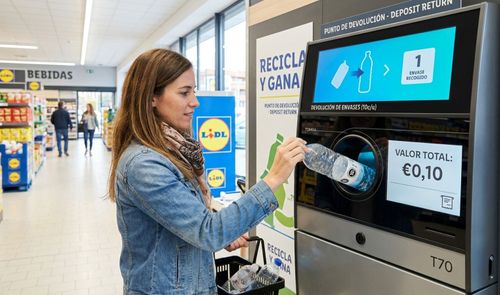 Mujer introduciendo una botella de plástico en una máquina de reciclaje con sistema de recompensa en un supermercado Lidl.