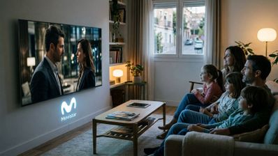 Familia sentada en el sofá viendo una serie en un televisor con el logotipo de Movistar proyectado debajo.