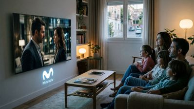 Familia sentada en el sofá viendo una serie en un televisor con el logotipo de Movistar proyectado debajo.