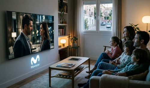 Familia sentada en el sofá viendo una serie en un televisor con el logotipo de Movistar proyectado debajo.