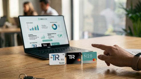 Tarjetas físicas de Revolut, Trade Republic y N26 frente a un ordenador portátil con interfaz de banca digital.