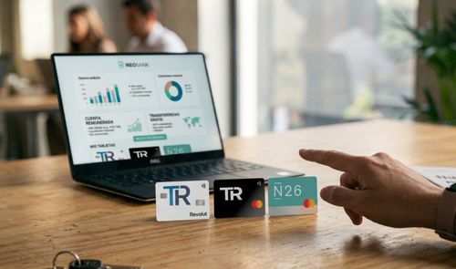 Tarjetas físicas de Revolut, Trade Republic y N26 frente a un ordenador portátil con interfaz de banca digital.