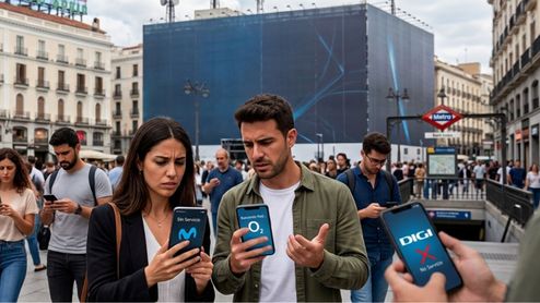 Personas en la Puerta del Sol de Madrid mirando sus teléfonos móviles con mensajes de falta de servicio de Movistar, O2 y DIGI.