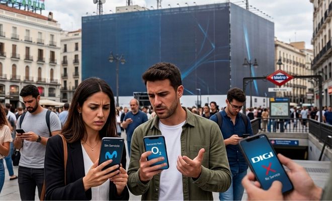 Personas en la Puerta del Sol de Madrid mirando sus teléfonos móviles con mensajes de falta de servicio de Movistar, O2 y DIGI.