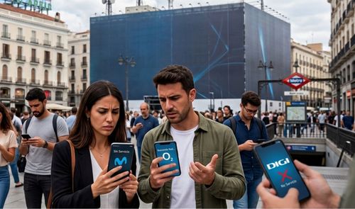 Personas en la Puerta del Sol de Madrid mirando sus teléfonos móviles con mensajes de falta de servicio de Movistar, O2 y DIGI.