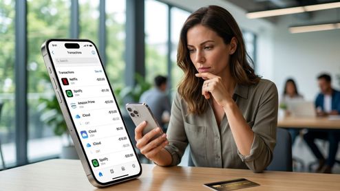 Mujer consultando en su teléfono móvil un historial de transacciones bancarias con suscripciones digitales mensuales.