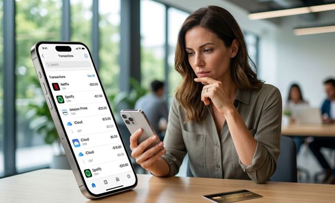 Mujer consultando en su teléfono móvil un historial de transacciones bancarias con suscripciones digitales mensuales.