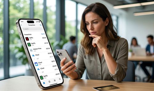 Mujer consultando en su teléfono móvil un historial de transacciones bancarias con suscripciones digitales mensuales.
