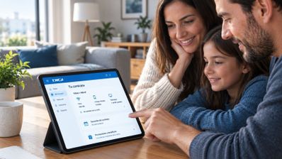 Familia consultando las opciones de fibra y móvil en la aplicación de DIGI desde una tableta.