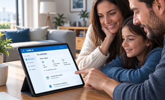 Familia consultando las opciones de fibra y móvil en la aplicación de DIGI desde una tableta.