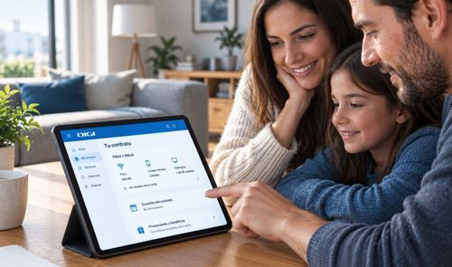 Familia consultando las opciones de fibra y móvil en la aplicación de DIGI desde una tableta.