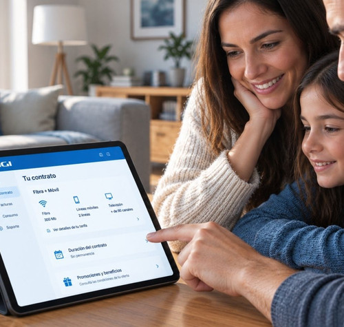 Familia consultando las opciones de fibra y móvil en la aplicación de DIGI desde una tableta.