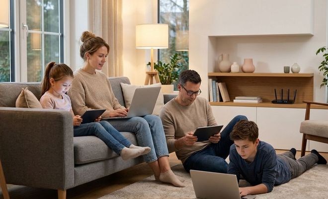Familia de cuatro personas utilizando simultáneamente ordenadores portátiles y tabletas en un salón con un router WiFi al fondo.
