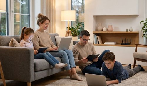 Familia de cuatro personas utilizando simultáneamente ordenadores portátiles y tabletas en un salón con un router WiFi al fondo.