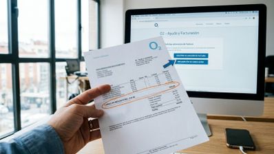 Una mano sostiene una factura impresa de O2 con un cargo señalado frente a un ordenador que muestra la sección de ayuda y facturación de la web del operador.