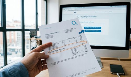 Una mano sostiene una factura impresa de O2 con un cargo señalado frente a un ordenador que muestra la sección de ayuda y facturación de la web del operador.