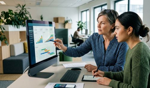 Dos compañeras de trabajo analizan un gráfico de crecimiento en la pantalla de un ordenador en una oficina.