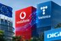 Logotipos de Vodafone, Telefónica y Digi sobre edificios de oficinas junto a la bandera de la Unión Europea.