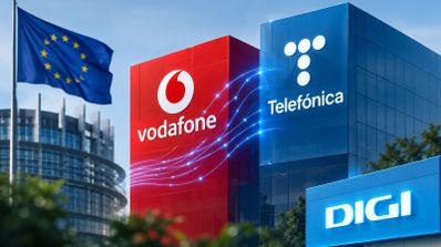 Logotipos de Vodafone, Telefónica y Digi sobre edificios de oficinas junto a la bandera de la Unión Europea.