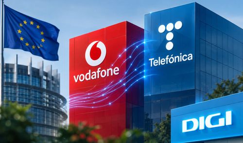 Logotipos de Vodafone, Telefónica y Digi sobre edificios de oficinas junto a la bandera de la Unión Europea.
