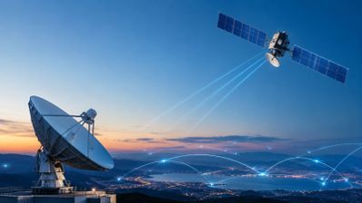 Satélite en órbita enviando señales de datos a una antena parabólica terrestre durante el atardecer.