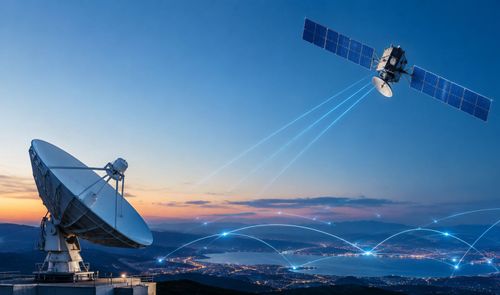 Satélite en órbita enviando señales de datos a una antena parabólica terrestre durante el atardecer.