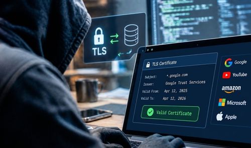 Persona con capucha frente a un ordenador que muestra información de un certificado TLS de Google en pantalla.
