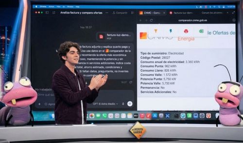 Presentación en el plató de El Hormiguero sobre el uso de inteligencia artificial para comparar facturas de electricidad mediante el portal de la CNMC.