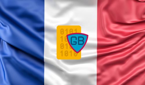 Ilustración de la bandera de Francia con un icono central que muestra las siglas GB y código binario.