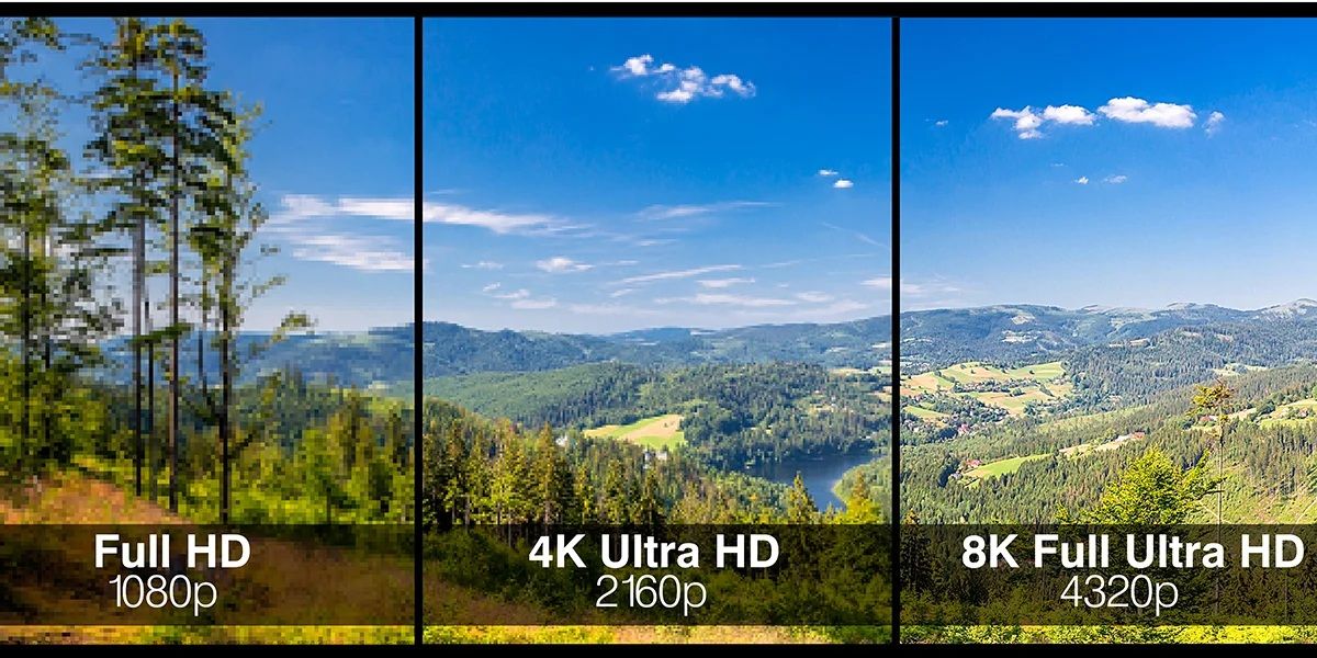 Infografía comparativa de la resolución de imagen Full HD, 4K Ultra HD y 8K Full Ultra HD mediante un paisaje de montaña.