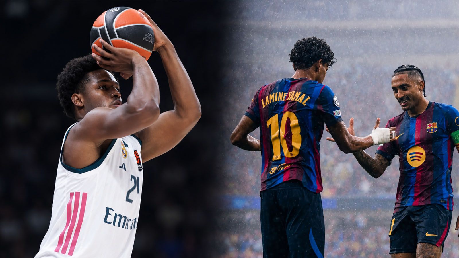 Composición con un jugador de baloncesto del Real Madrid lanzando a canasta y los futbolistas Lamine Yamal y Raphinha del FC Barcelona celebrando un gol.